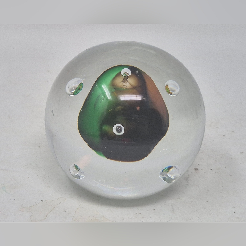 Clear Glass Paperweight With Green And Orange Irridecent Center - Picture 3 of 7